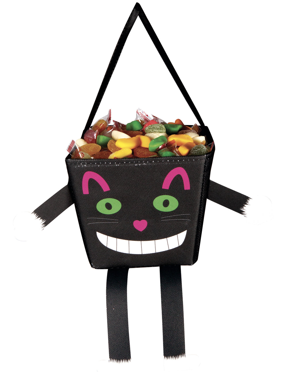 Sac petit chat rigolo avec bras et jambes pour enfant noir avec détails roses et verts
