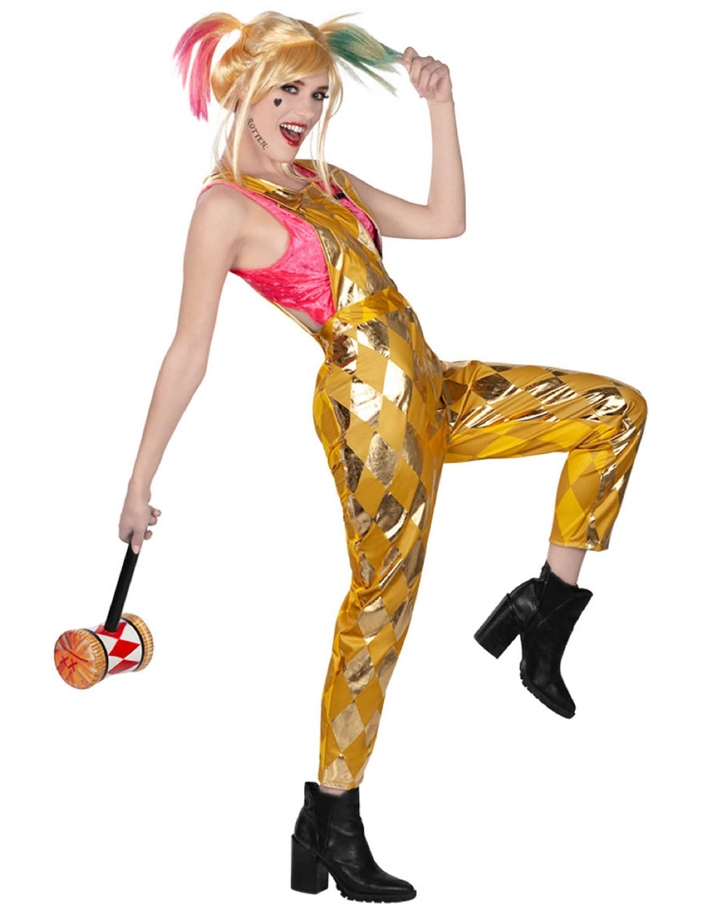 hlače s naramenicama Harley Quinn Birds of Prey™ za žena u zlatnoj boji s uzorkom rombova