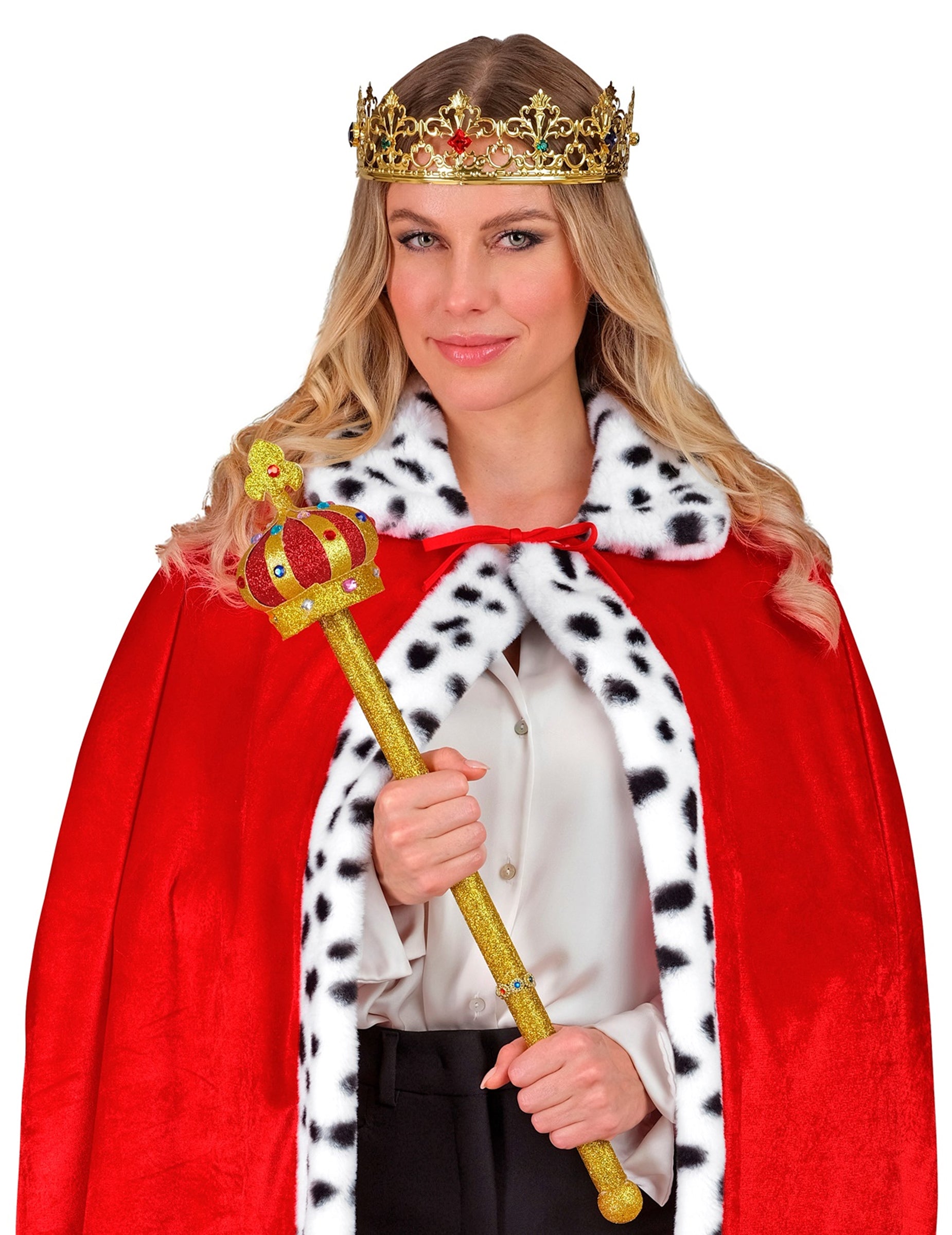 Sceptre royal pour adulte doré avec couronne rouge et paillettes