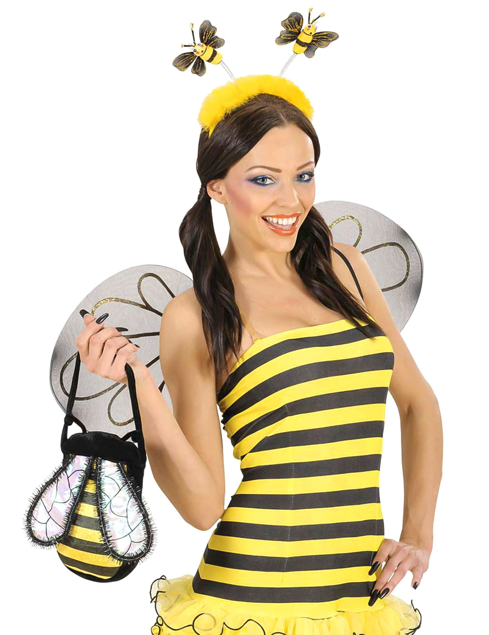 Serre-tête abeille pour adulte jaune avec fourrure et petites abeilles sur ressorts