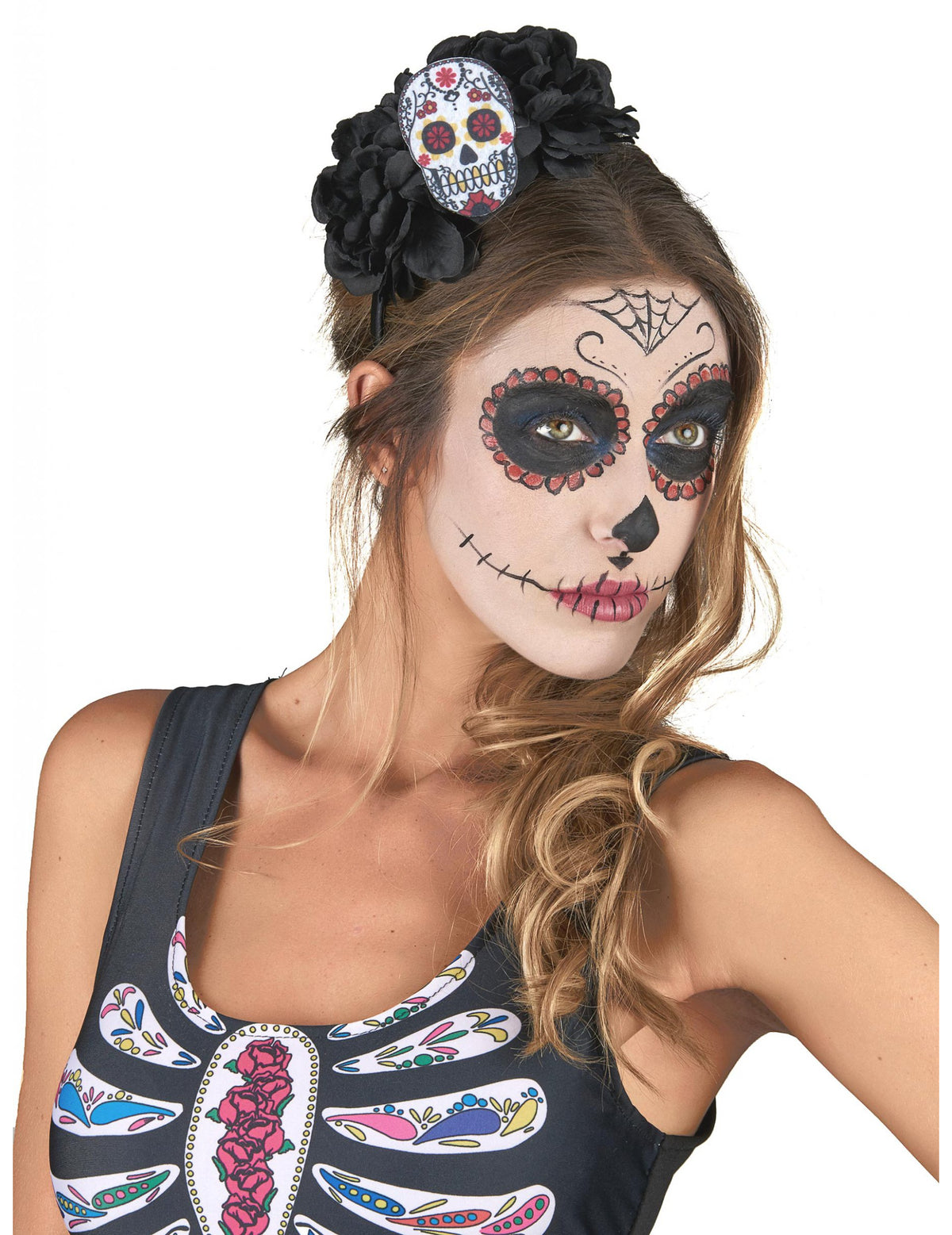 Serre-tête Crâne Dia De Los Muertos pour adulte multicolore avec fleurs noires