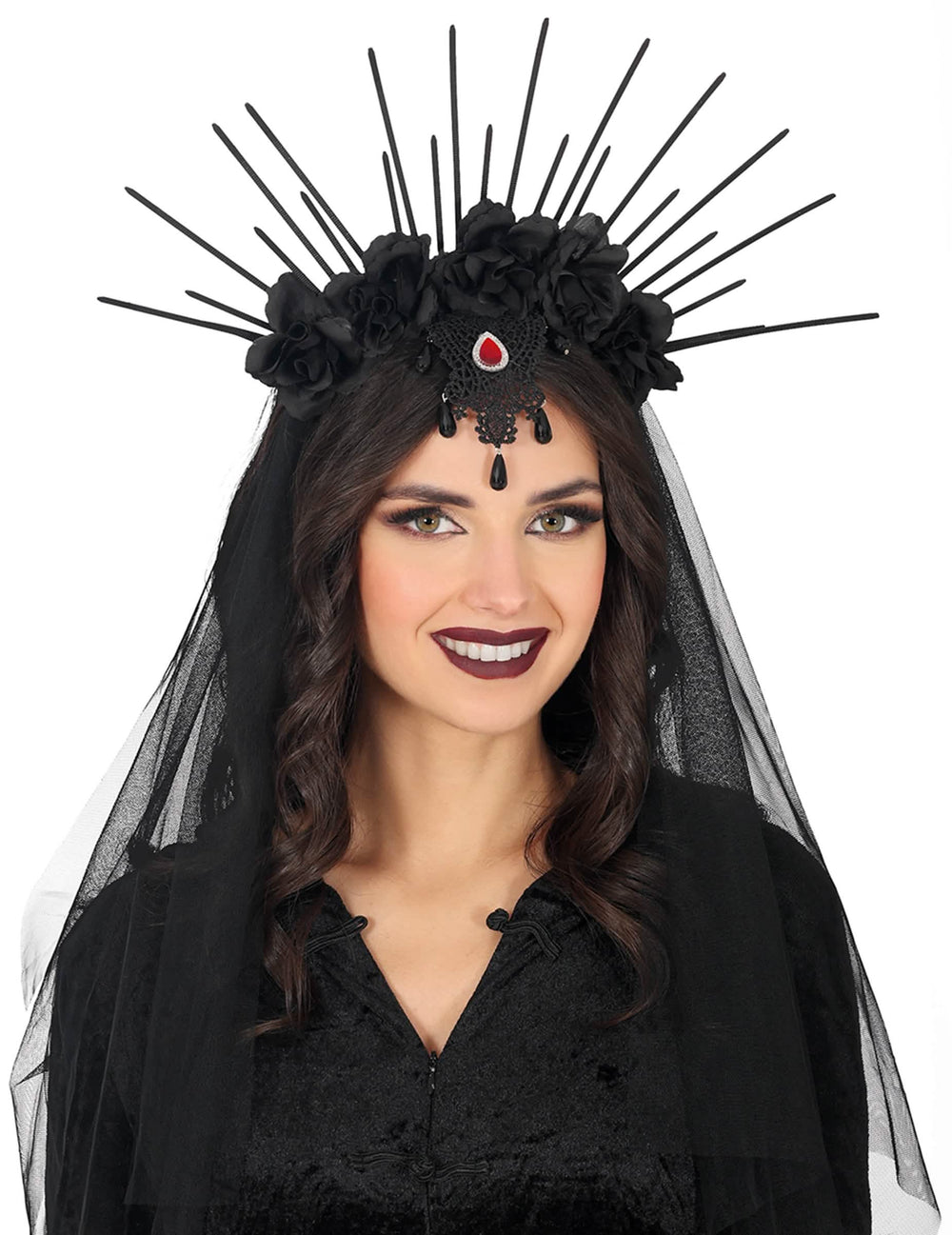 Serre-tête fleurs avec voile pour femme noir à pointes et roses noires