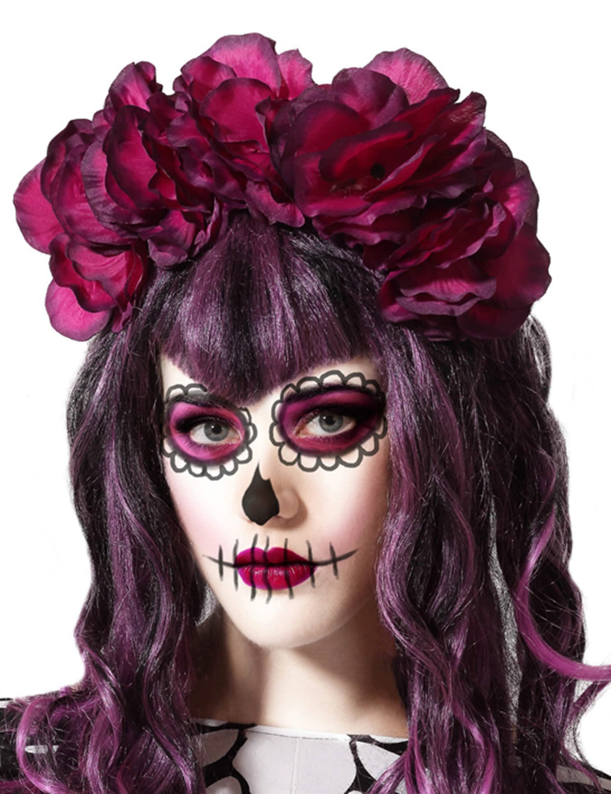 Traka za kosu Dia de los muertos za ženu s velikim ružičastim cvjetovima