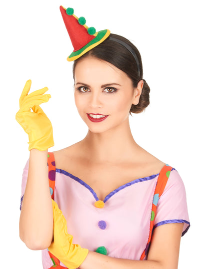 Serre-tête mini chapeau clown pointu pour adulte rouge et vert avec pompons