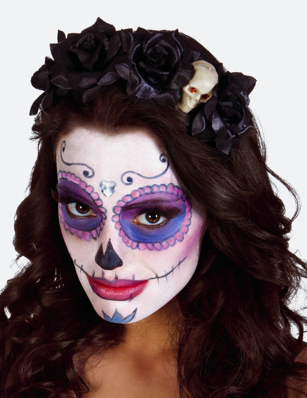 Traka za glavu s crnim ružama i lubanjom Dia de los muertos za ženu