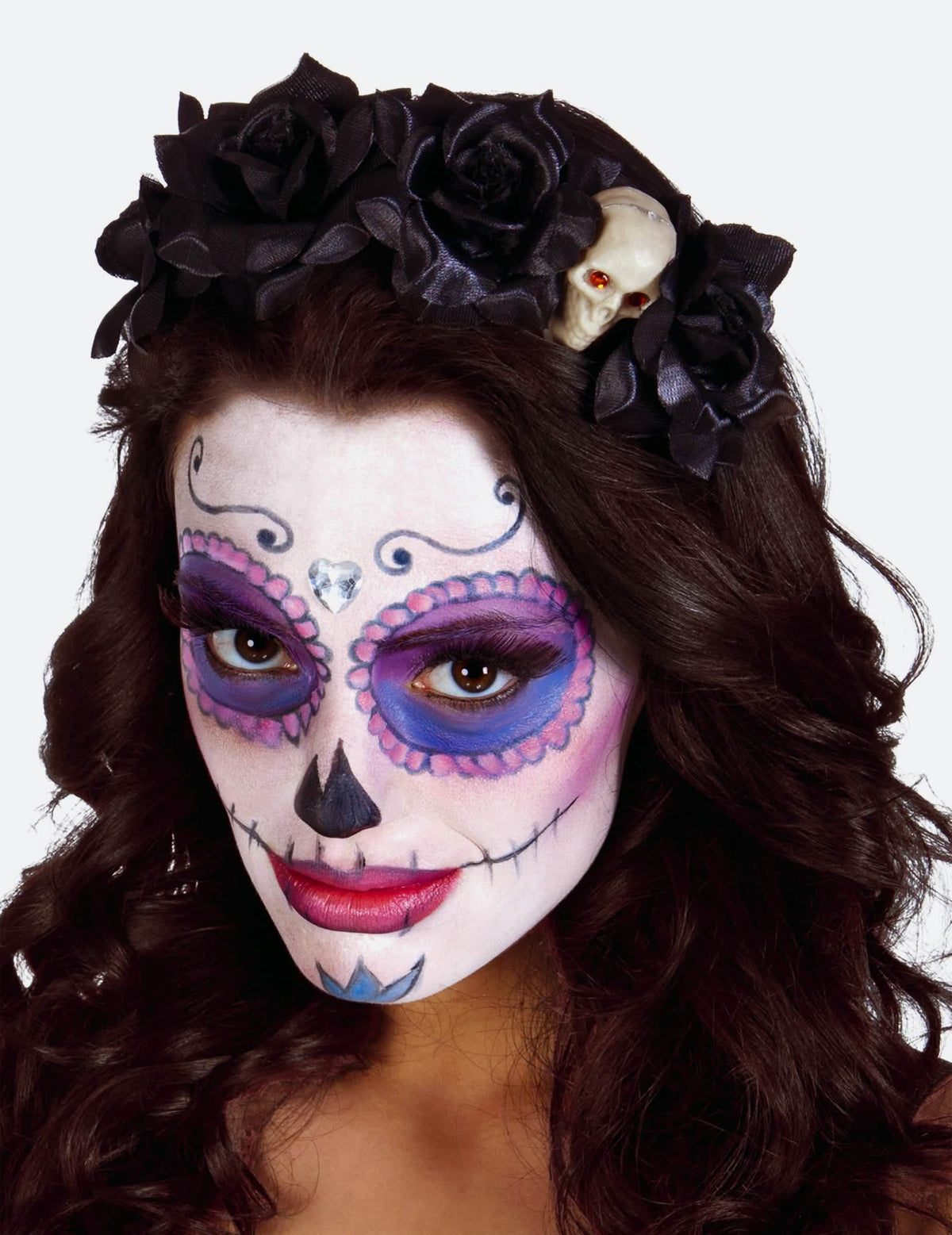 Traka za glavu s crnim ružama i lubanjom Dia de los muertos za ženu
