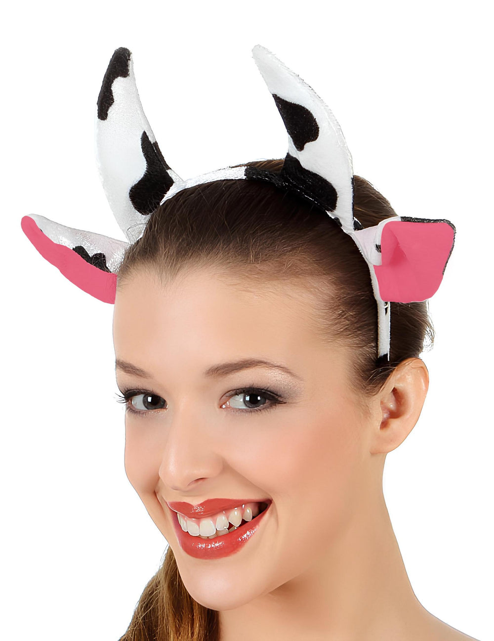 Serre-tête de vache pour adulte blanc tacheté noir avec cornes et oreilles roses