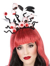 Serre-tête yeux Halloween pour adulte noir avec globes oculaires ensanglantés et plumes noires