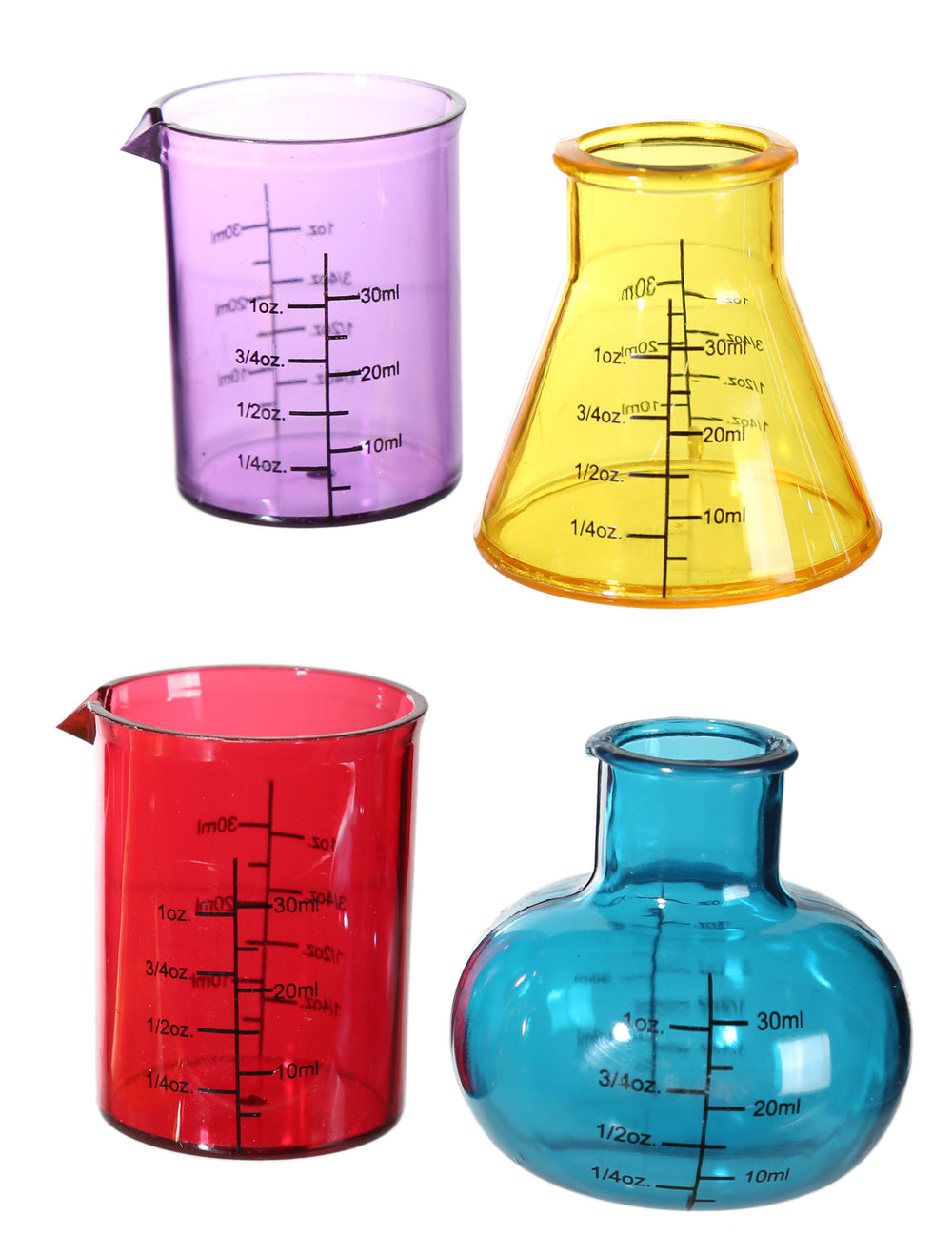 Set de 4 verres shooters chimiste pour adulte multicolores en forme de récipients de laboratoire