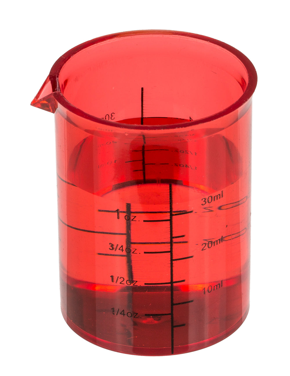 Détail du verre rouge gradué du set de 4 verres shooters chimiste