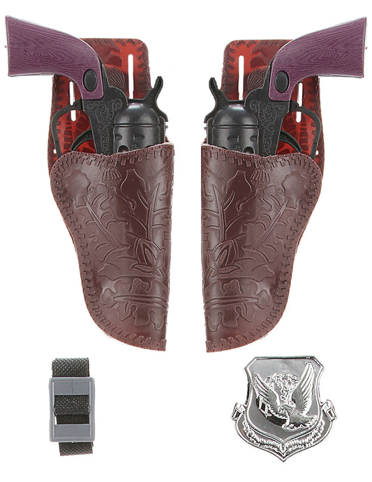 Set de 2 pistolets cow boy pour enfant avec holsters marrons et insigne de shérif