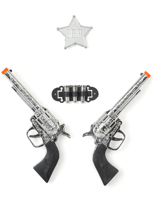 Set de 2 pistolets en plastique de cowboy pour enfant argent avec étoile de shérif