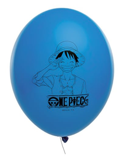 Gros plan sur le motif Luffy du ballon bleu des ballons en latex One Piece