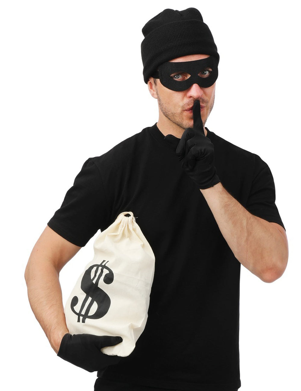 Set de déguisement cambrioleur pour adulte noir avec masque et sac de billets