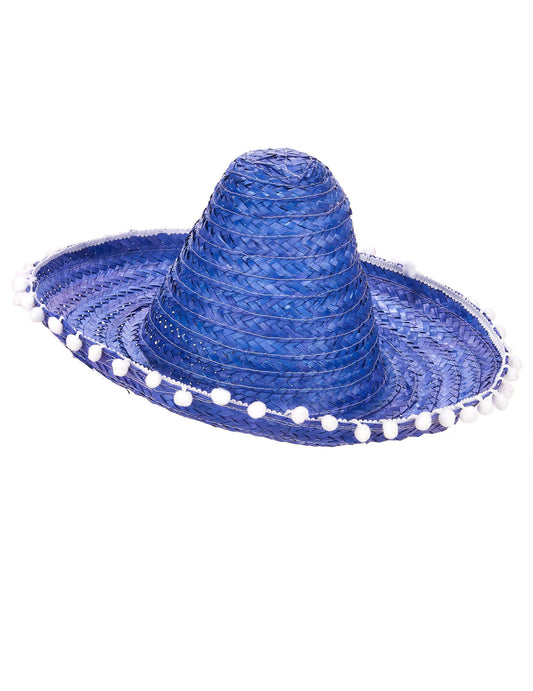 Vue de profil du Sombrero bleu à bordure pompons