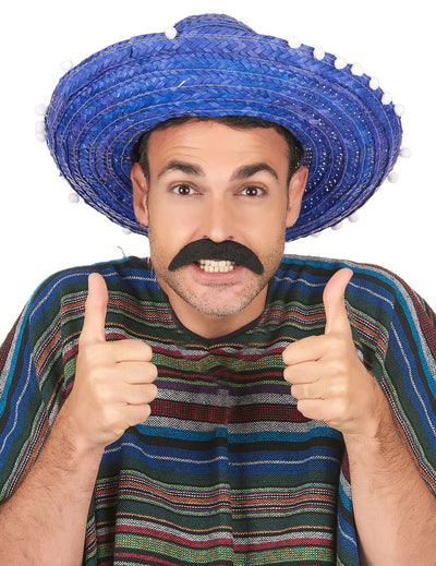 Sombrero bleu à bordure pompons pour adulte bleu et blanc