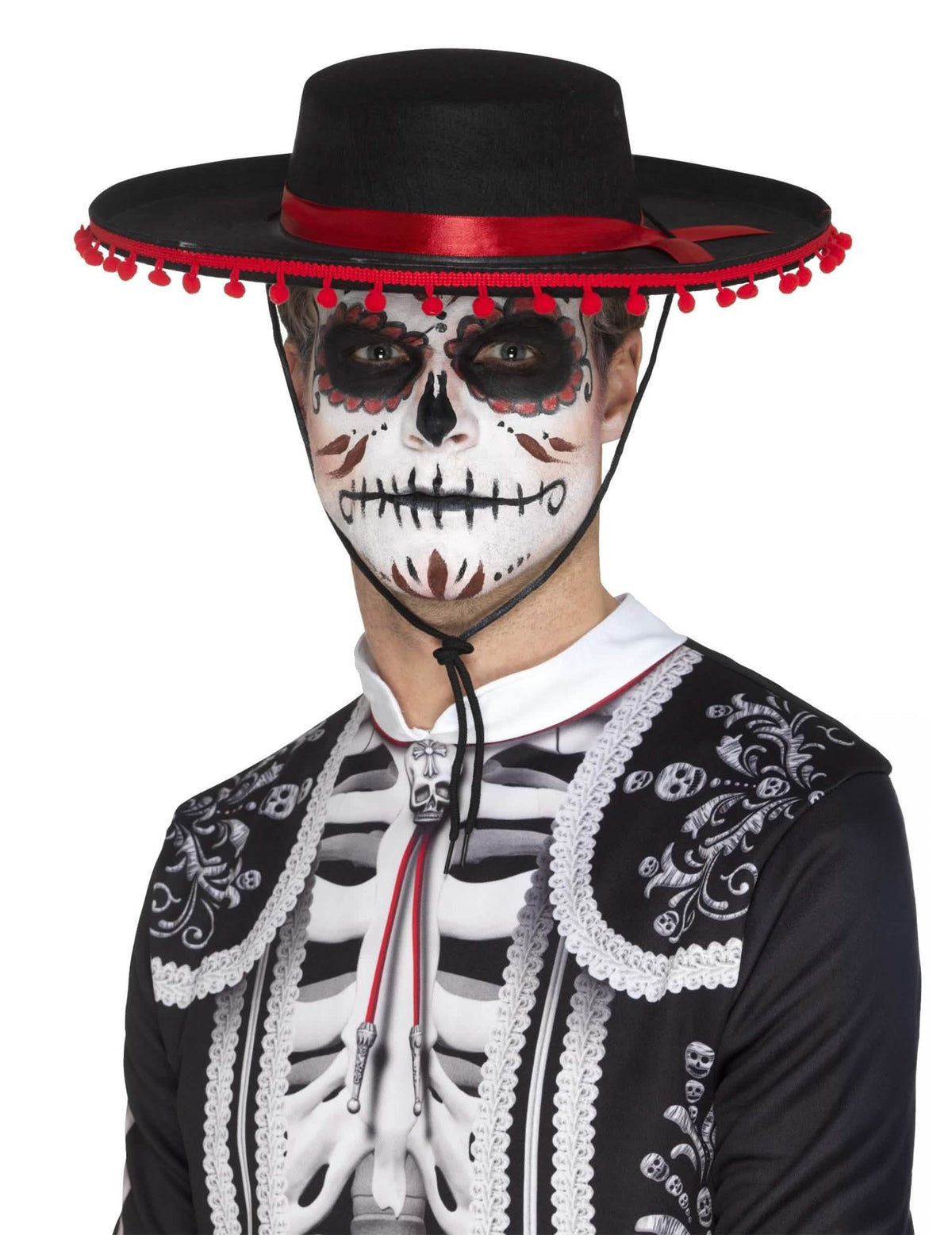 Sombrero Dia de los Muertos za odrasli crna s vrpcom i crveni pomponi