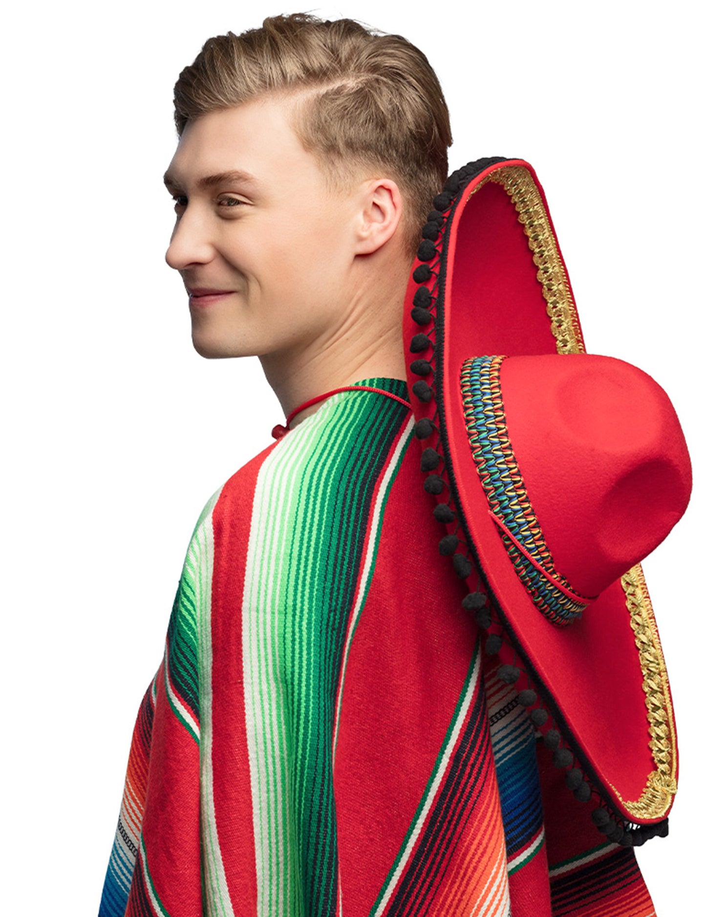 Vue de dos du sombrero mexicain pour adulte rouge à pompons deluxe