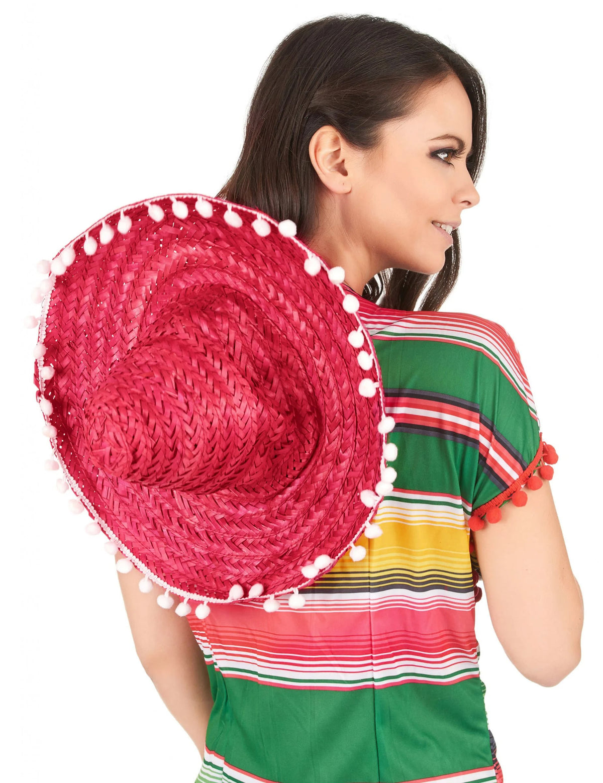 Vue de dos du sombrero pour adulte rouge à bordure pompons blancs
