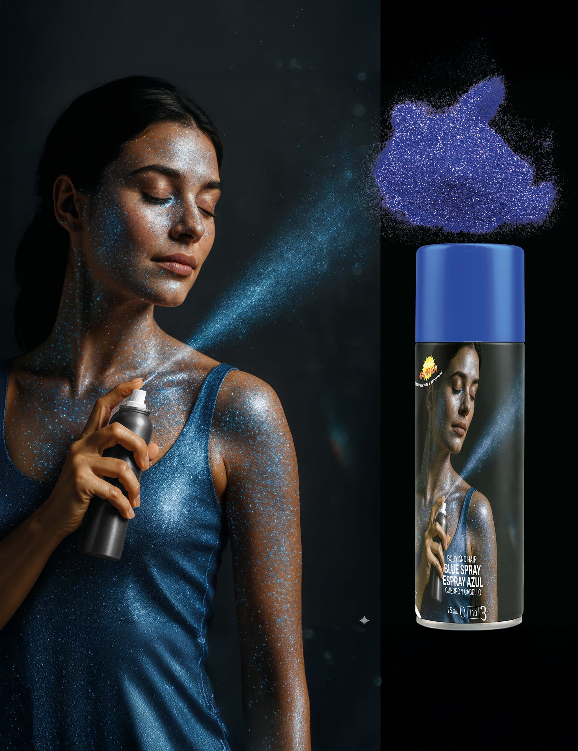 Détail de l'application et rendu brillant du spray à paillettes pour le corps pour adulte