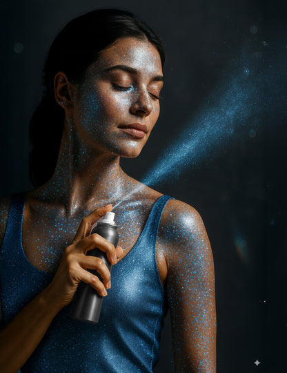Mise en situation du rendu sur le visage et le corps du spray à paillettes pour le corps pour adulte