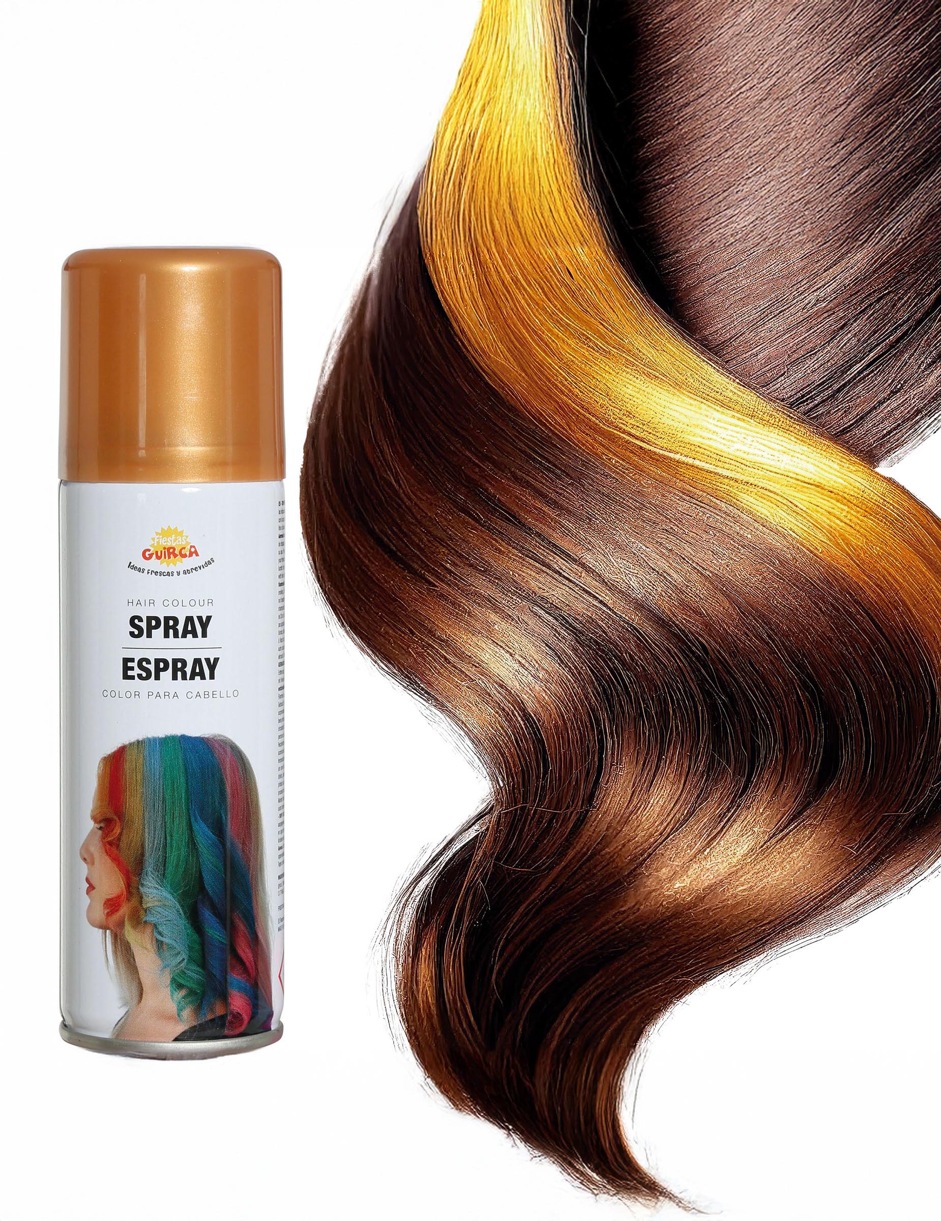 Detalj prikaza zlatne boje na pramenu spreja za kosu