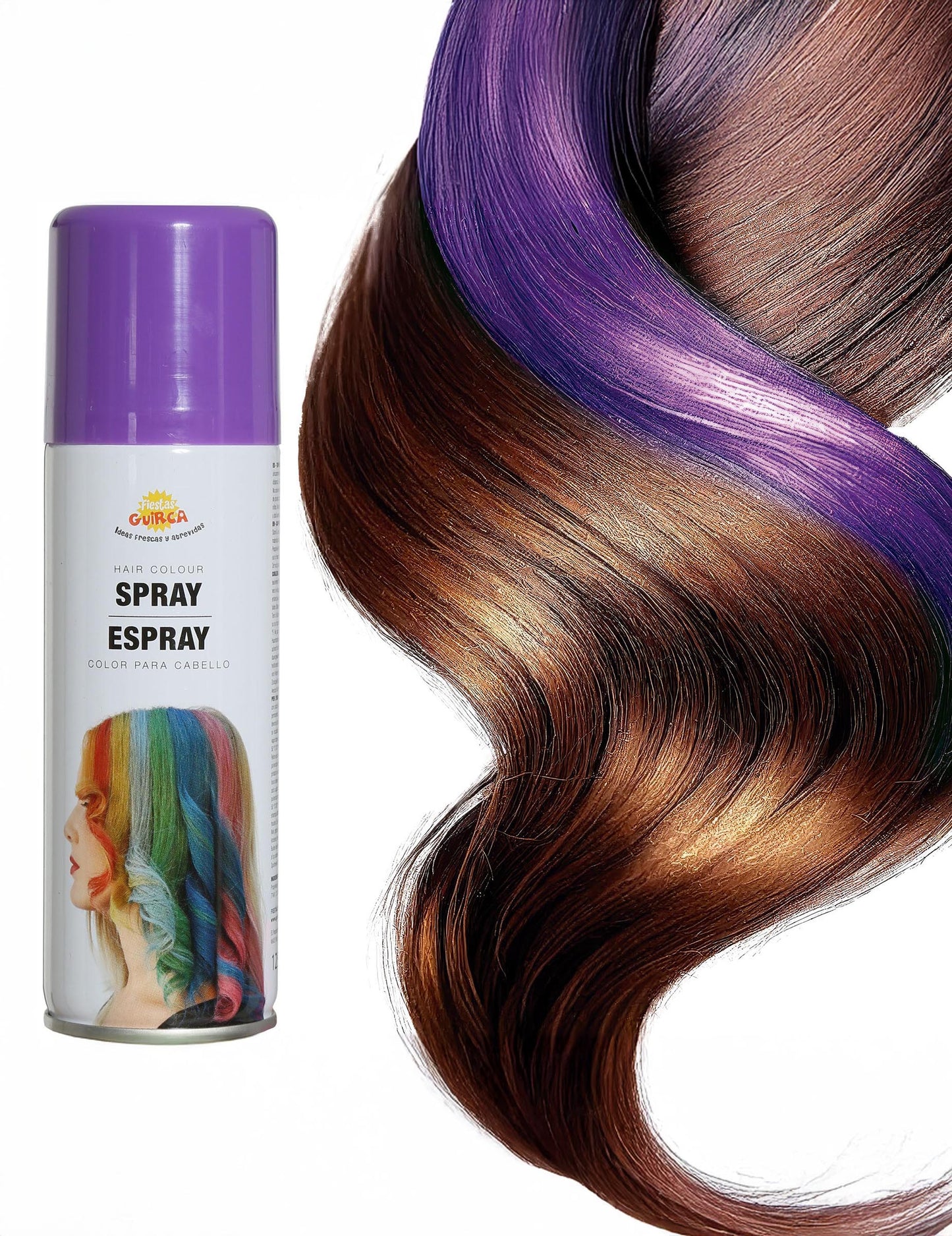 Detalj prikaza ljubičaste boje na pramenu spreja za kosu