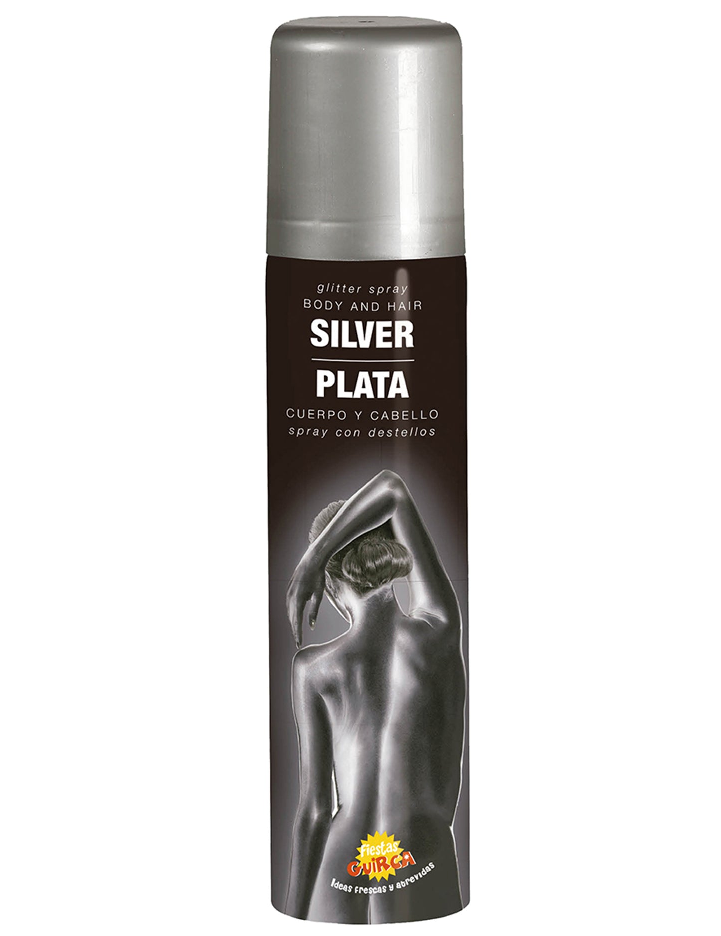 Détail du rendu scintillant du spray pour le corps à paillettes pour adulte argenté