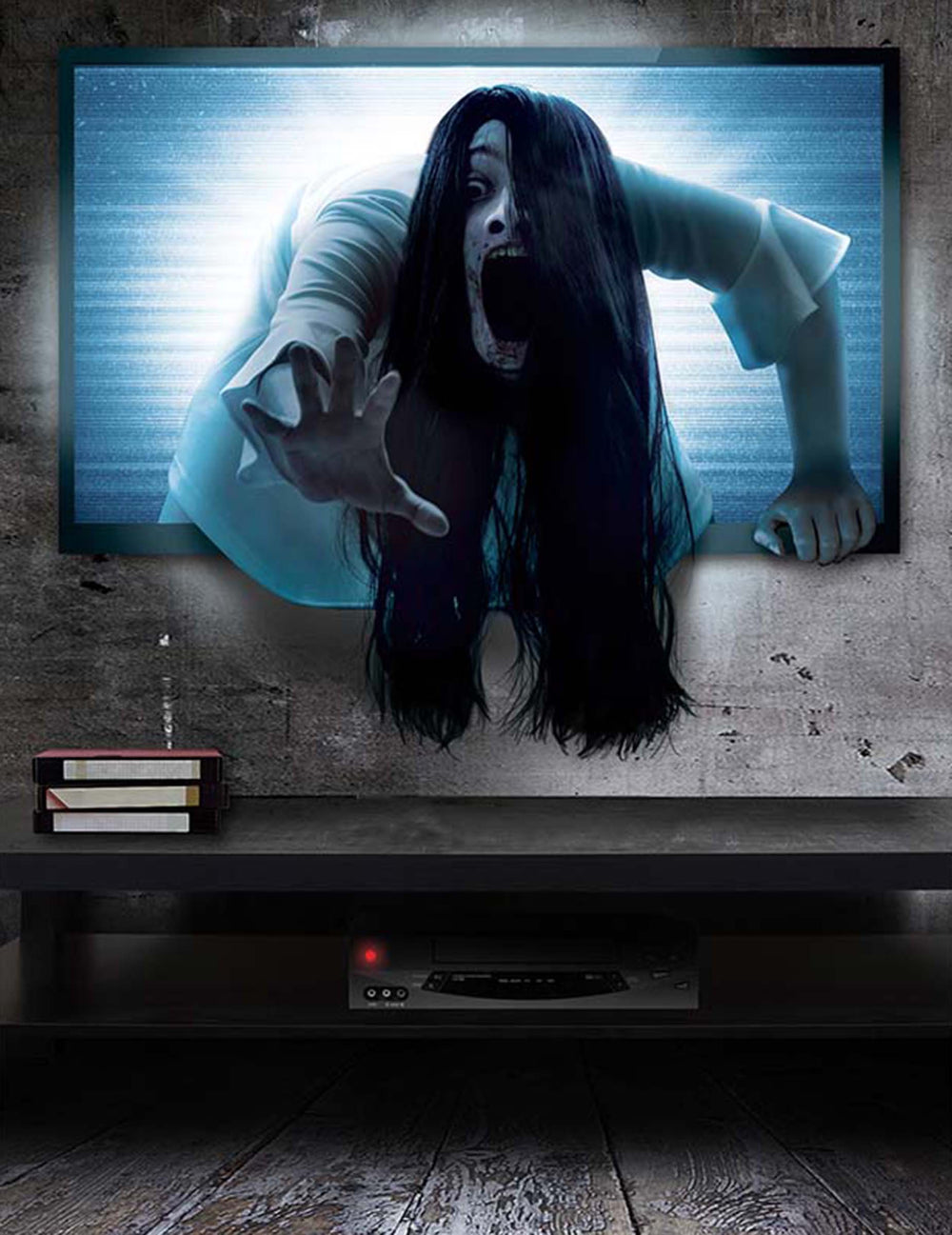 Sticker mural télé possédée pour décoration Halloween bleu et blanc