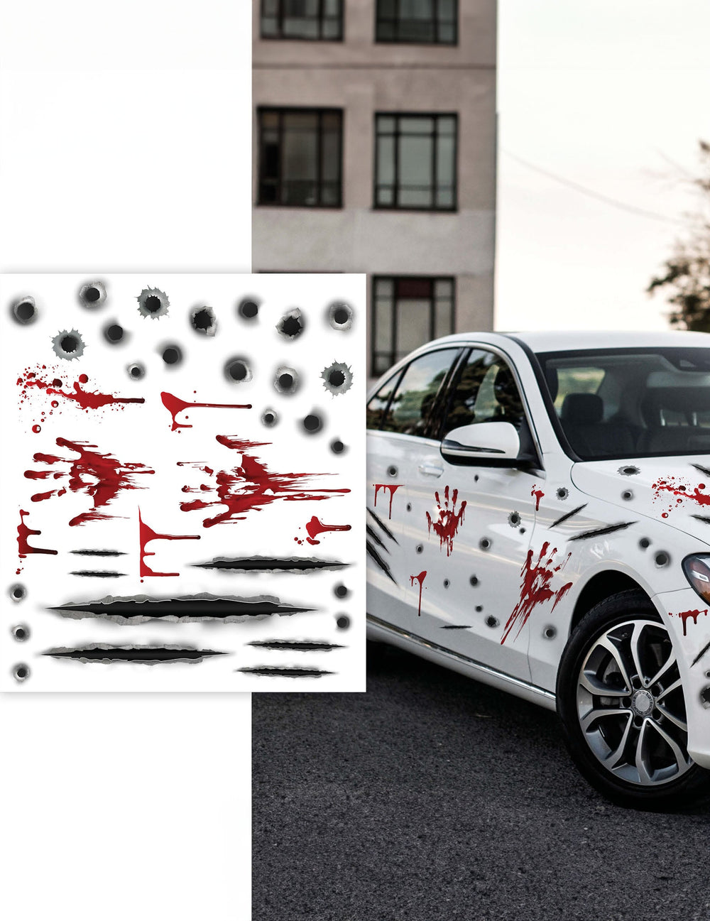 Stickers pour voiture impacts de balle et traces de sang pour Halloween rouges et noirs