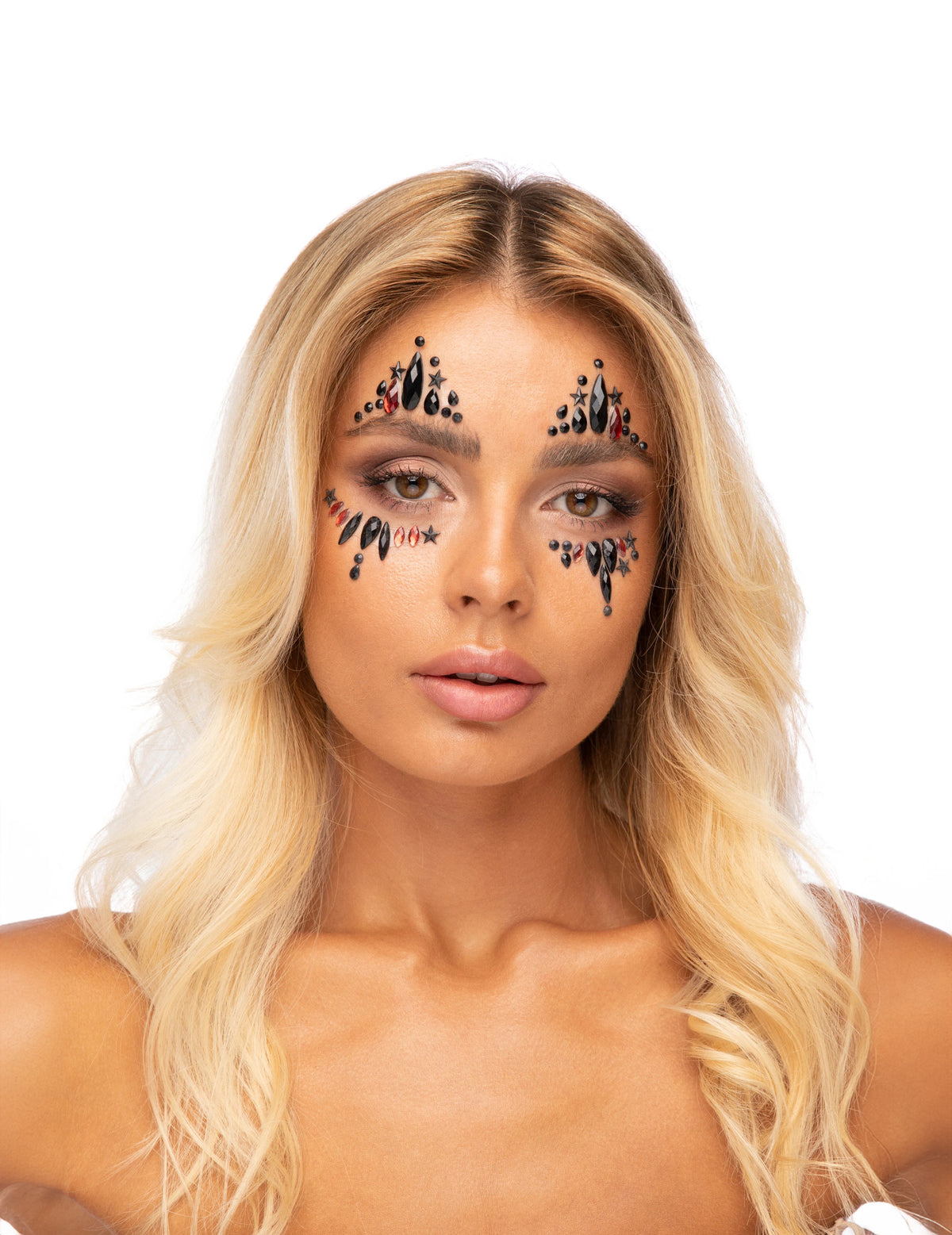 Strass adhésifs pour visage arlequine du mal pour femme noir et rouge