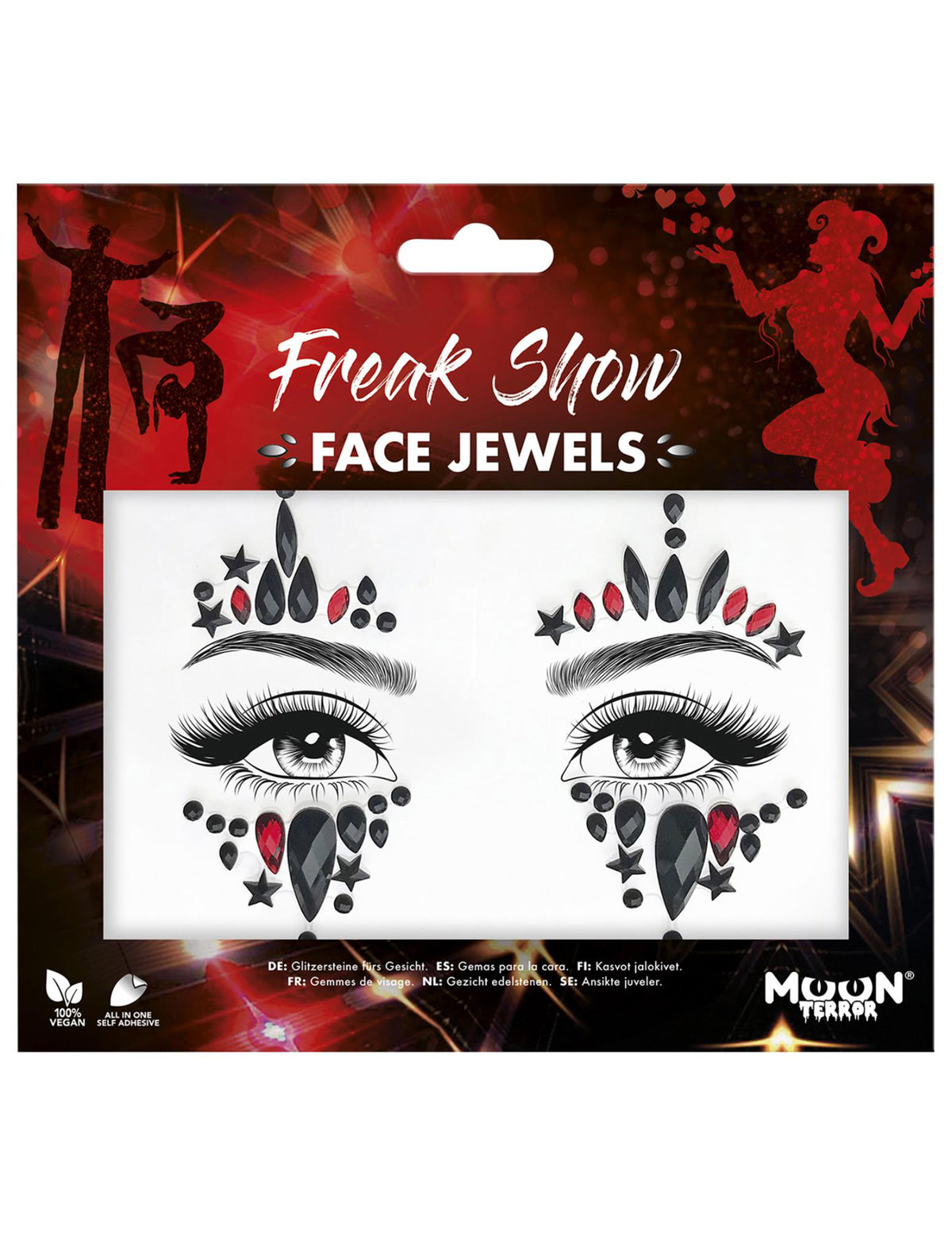 Vue du packaging des strass adhésifs pour visage arlequine du mal