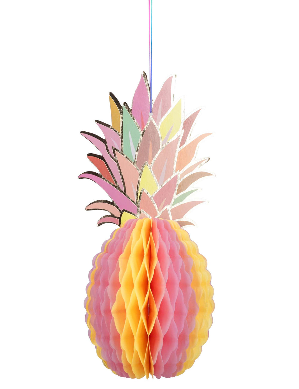 Gros plan sur les détails de la suspension en papier alvéolé ananas multicolore à dorure