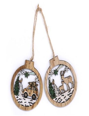 2 drvene viseće dekoracije snježna šuma 10 cm 