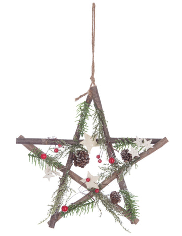 Drvena viseća dekoracija zvijezda s češerima i bobicama 28 cm 