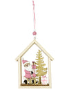 Suspension en bois maison du Père Noël pour Noël rose et doré à paillettes