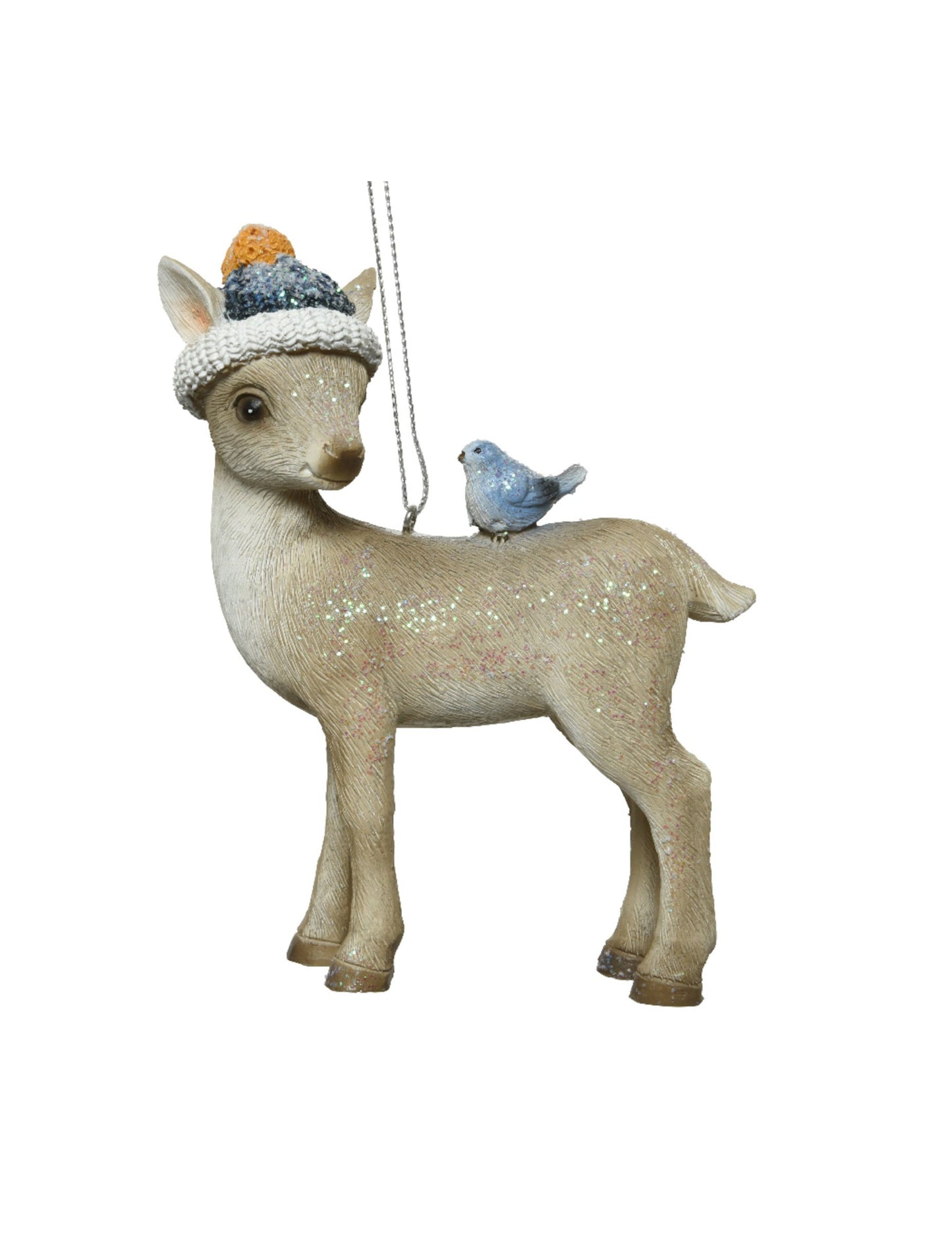 Suspension pour sapin faon et oiseau beige à paillettes avec bonnet multicolore