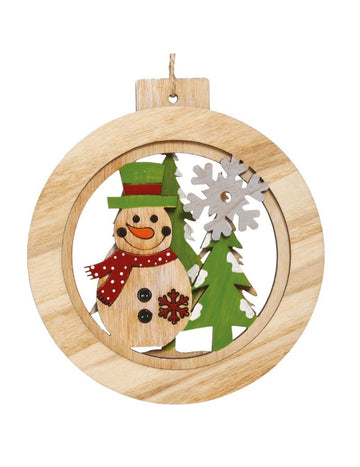 Okrugla drvena viseća dekoracija snjegović 12 cm 