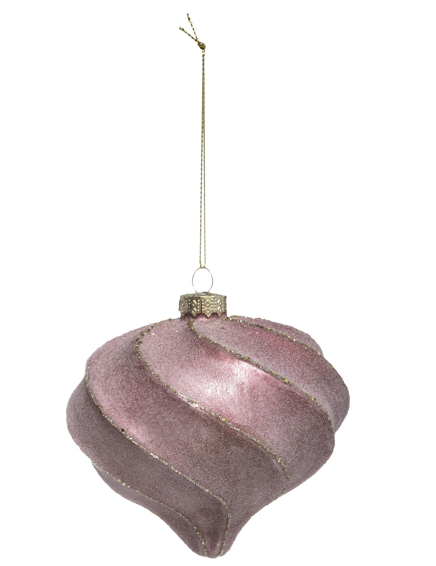 Boule de noël forme goutte et spirales rose et or pailletée