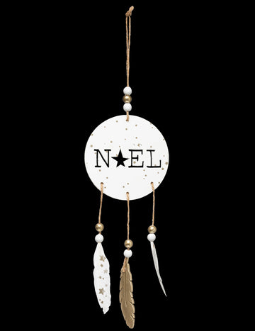 Drvena boho božićna viseća dekoracija s perjem 28 cm bijela i zlatna 