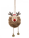 Suspension renne de Noël pompon marron avec nez rouge et grelots dorés