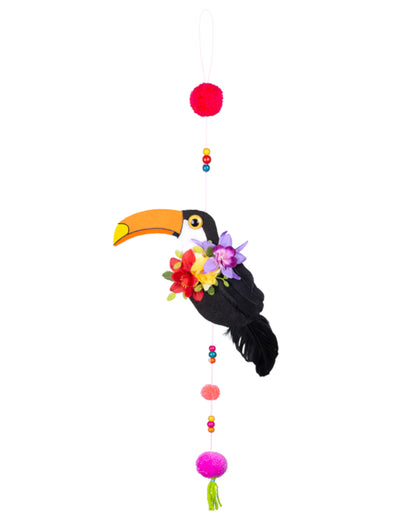 Suspension toucan avec pompons multicolore avec fleurs exotiques