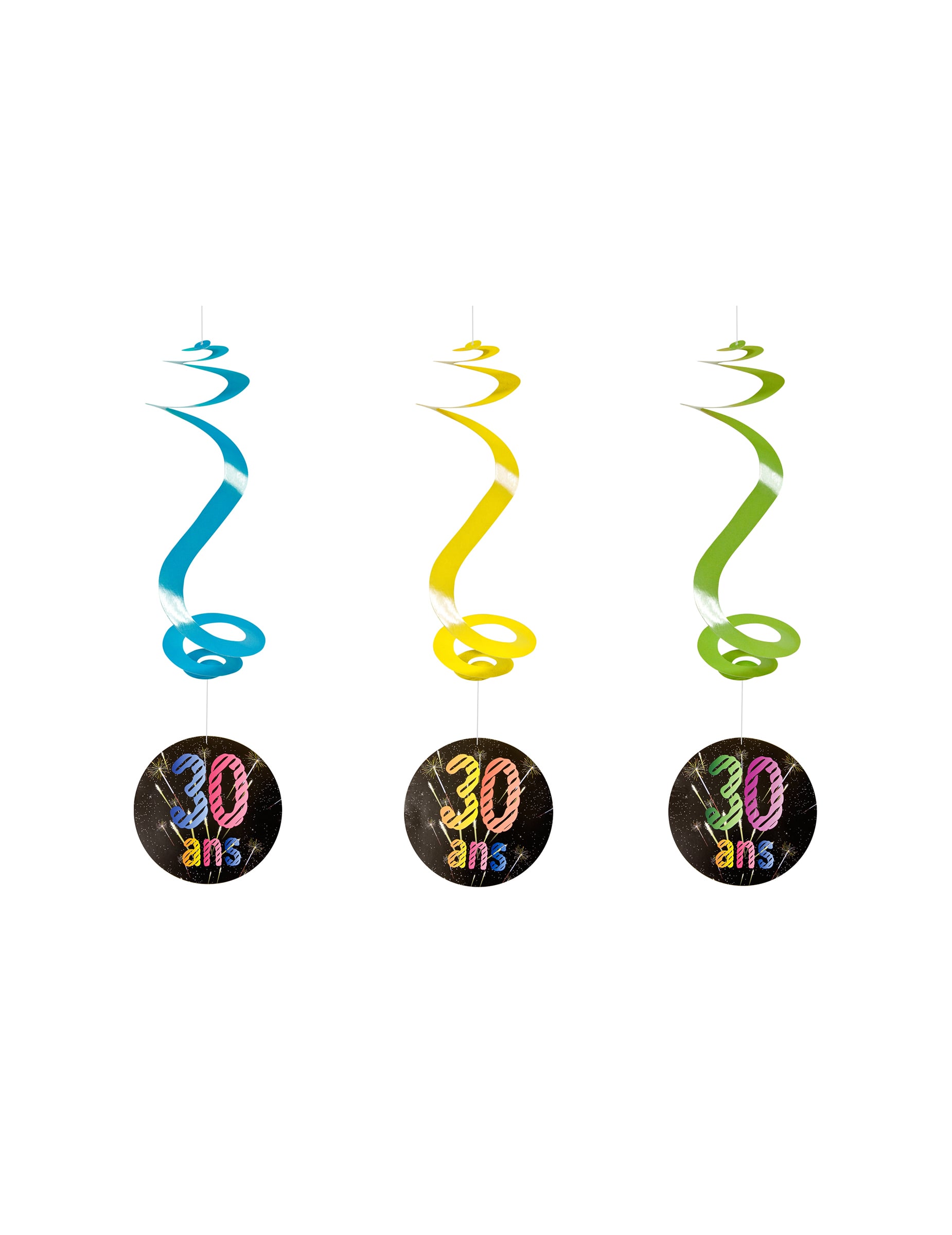 Suspensions spirales 30 ans feux d'artifice pour anniversaire bleu jaune et vert