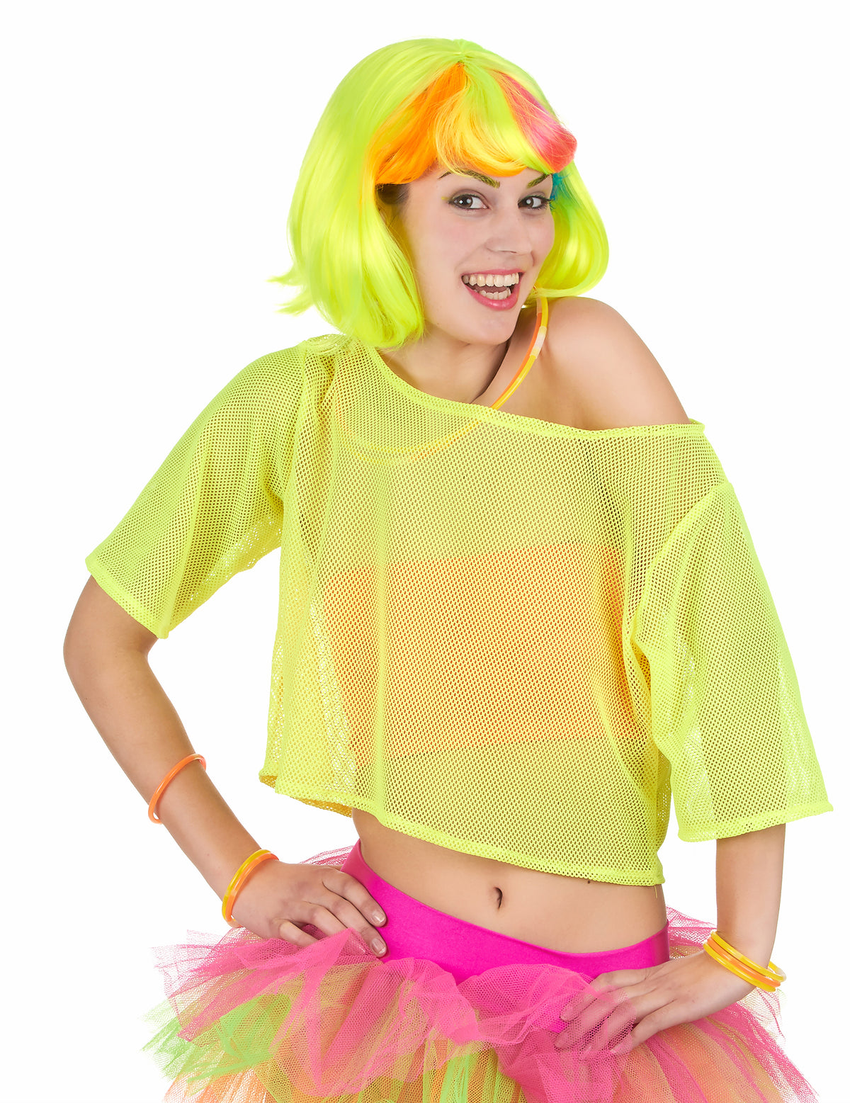 T-shirt court résille années 80 pour femme jaune fluo