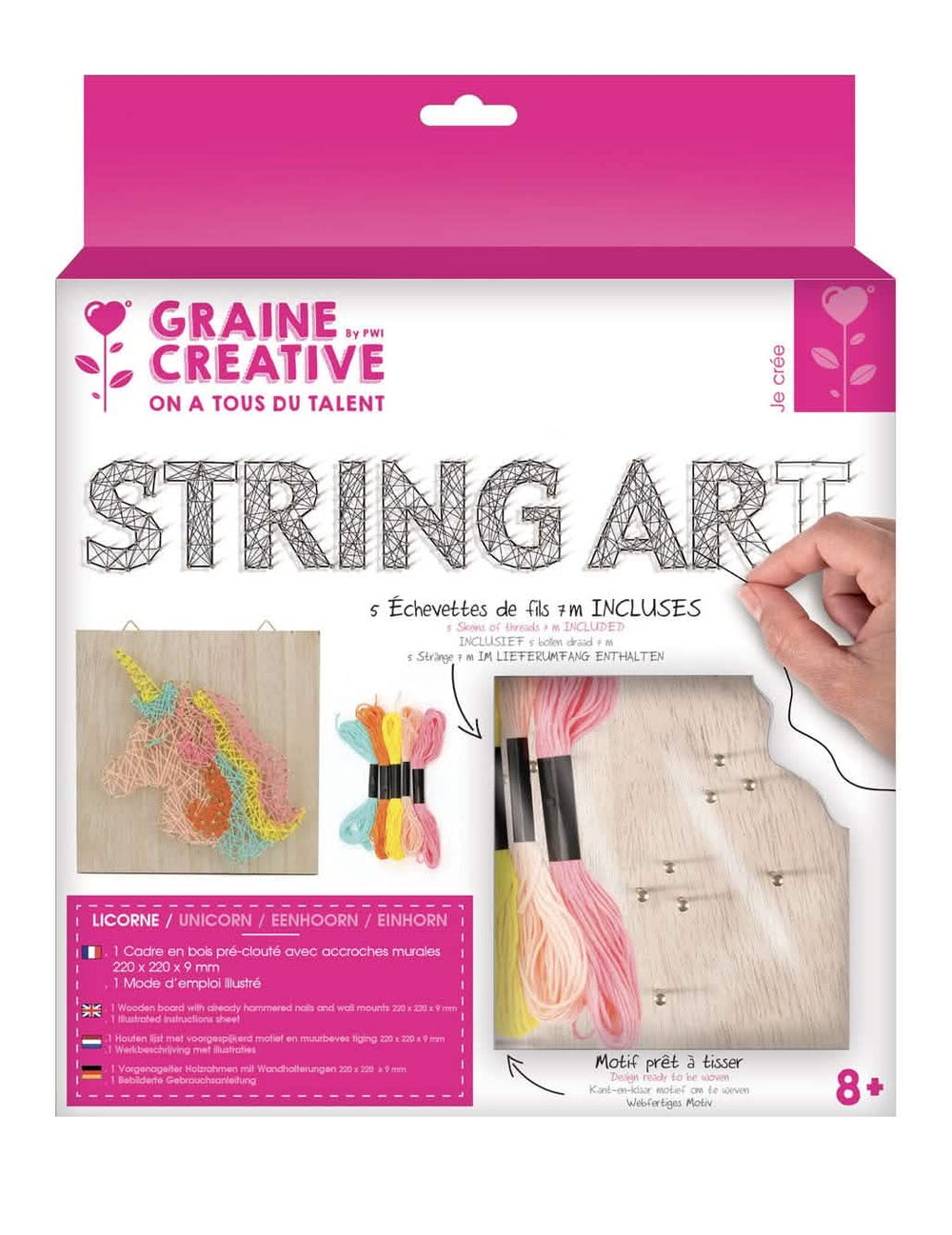 Pogled na kutiju i sadržaj kreativnog seta za string art ploču od drva s jednorozima