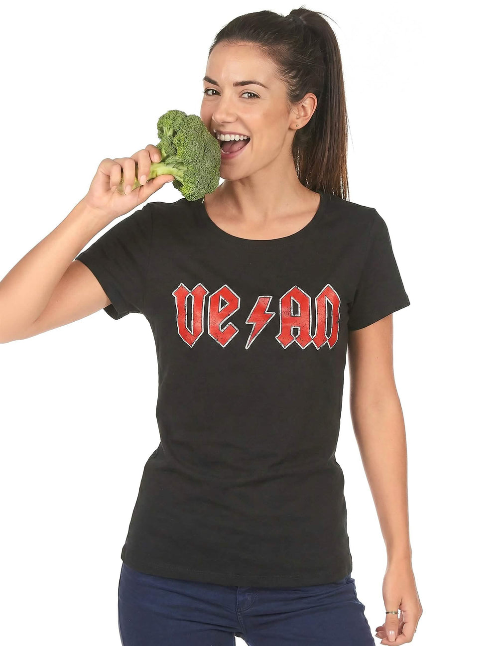 Majica Vegan za ženu crna s crvenim logom u rock stilu