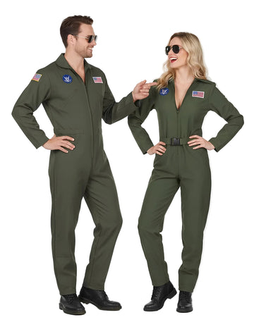 Déguisement de pilote avion pour couple adulte vert kaki avec écussons
