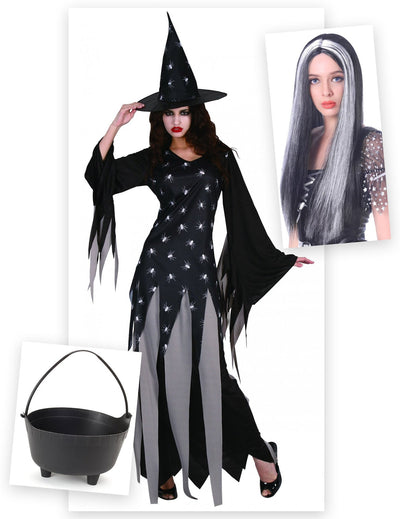 Pakiranje kostima za vješticu za žene s kotlom i perikom za Halloween