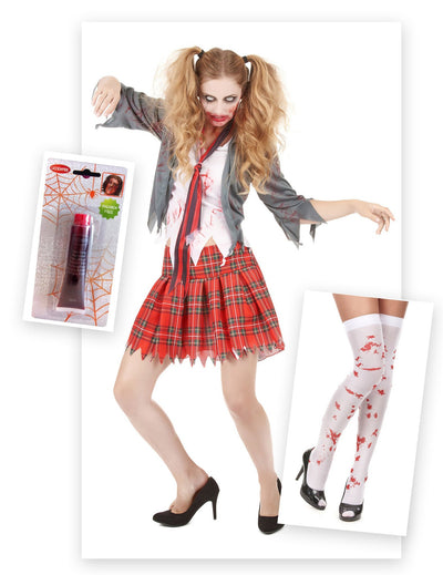 Pakiranje kostima zombi učenice s lažnom krvlju i čarapama za Halloween