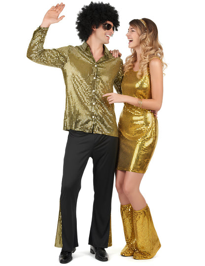 Kostim za par za disko sa zlatnim šljokicama za odrasle